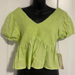 Midnight Sky Linen Blend Peplum Smocked Blouse Top With Puff Sleeves Size‎ Small